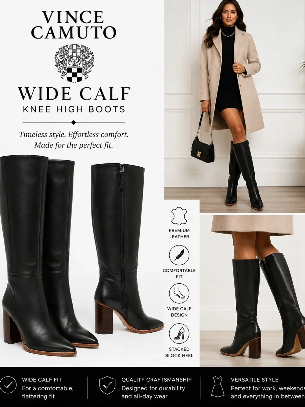 Vince Camuto Black Leather Wide-Calf Knee High Boots